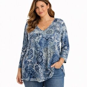 Catherines 3X Blue Medallion Paisley Print Top Plus Sz 26/28W Boho Peasant Knit